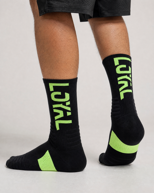 Black and Green Crew Socks worn, studio