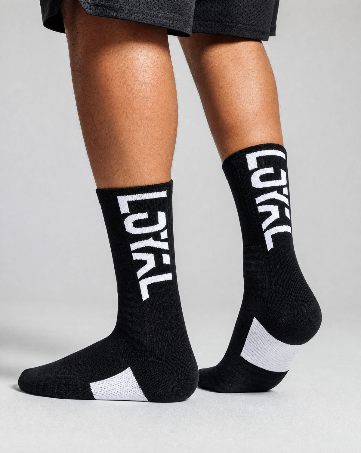Black and White Crew Socks worn, studio