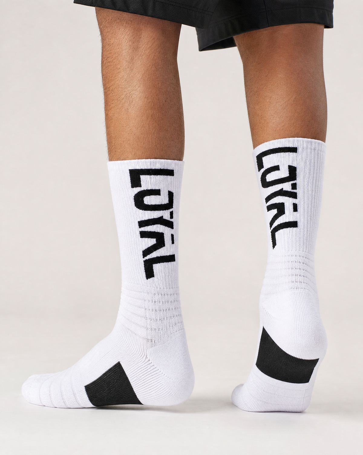 White and Black Crew Socks worn, studio