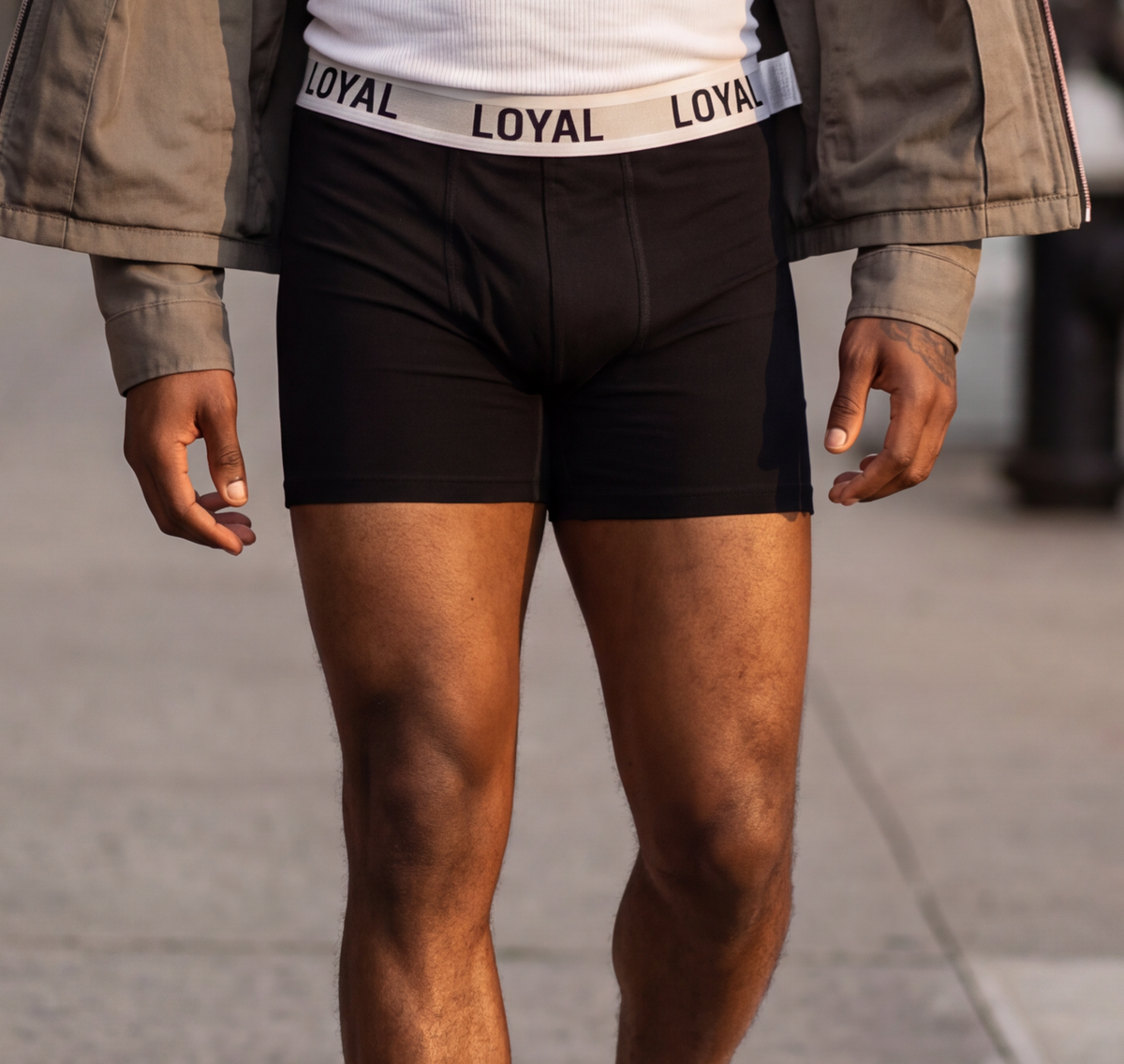 Black Boxer Brief worn, close detail