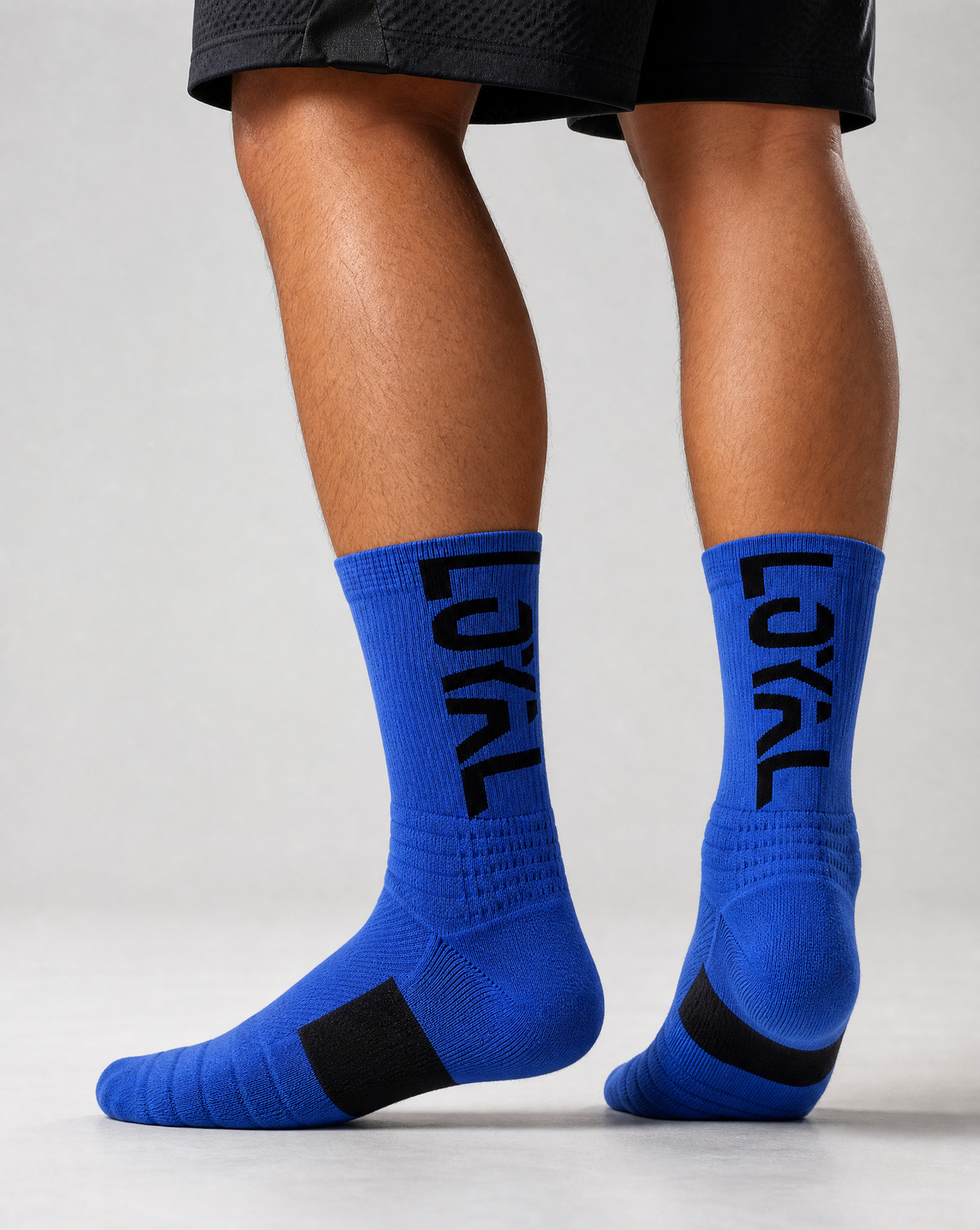 Blue and Black Crew Socks worn, studio