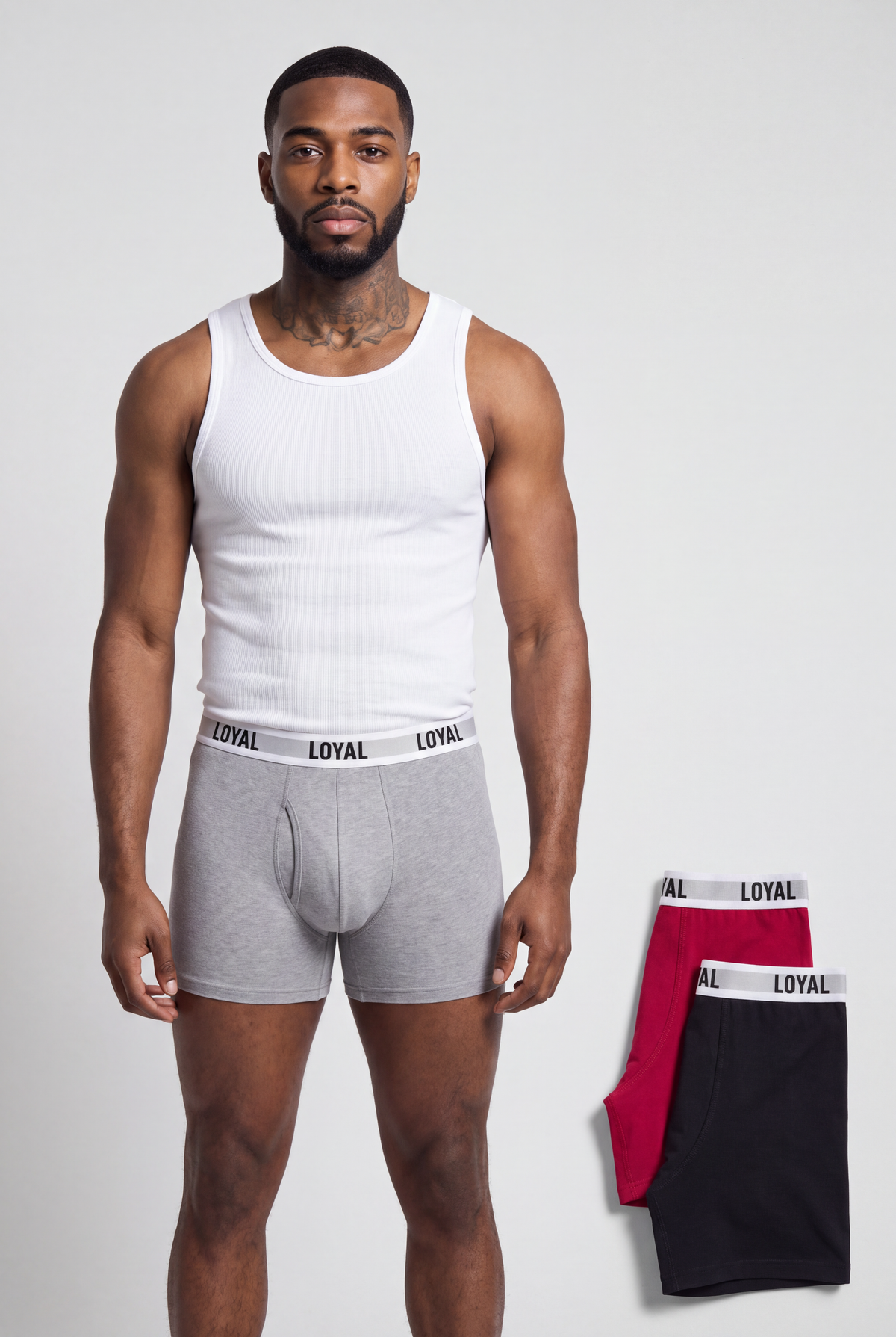 3 Pack Black/Gray/Red worn, studio