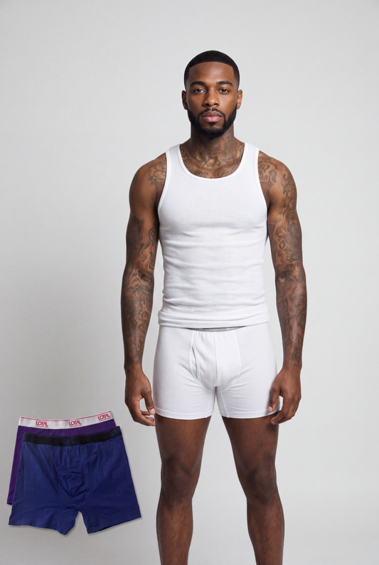 3 Pack Blue/White/Purple worn, studio