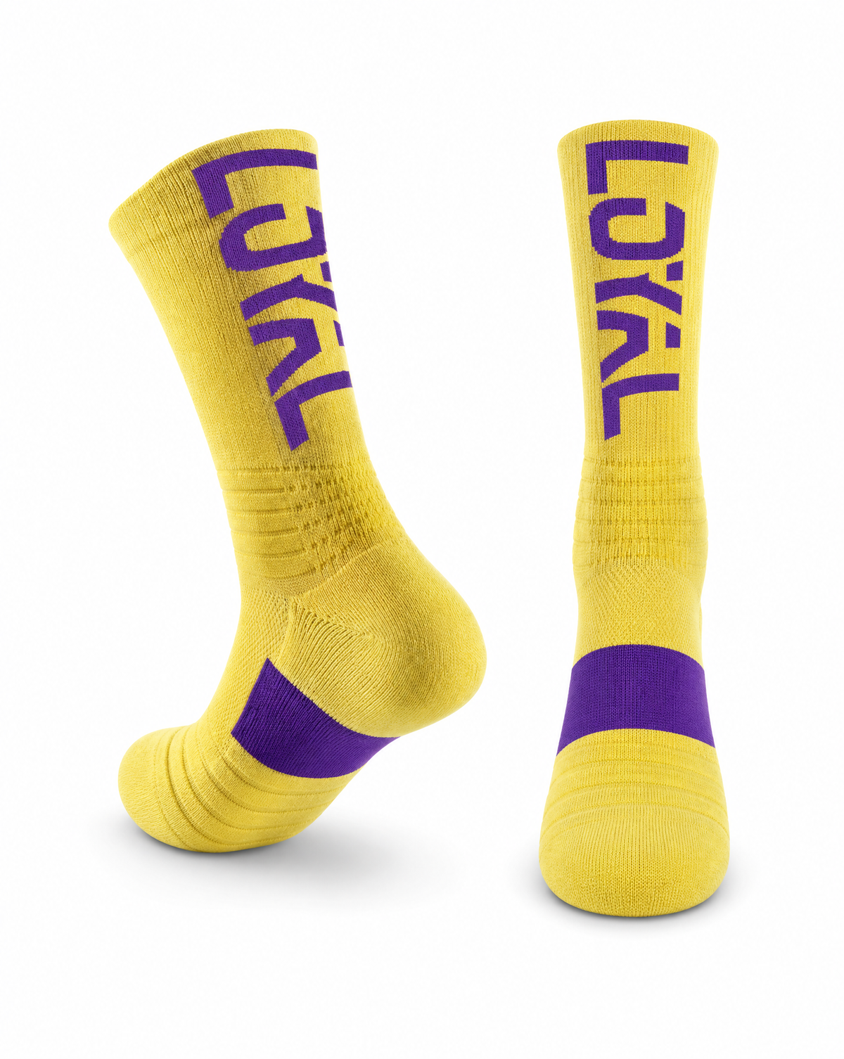 Yellow and Purple Crew Socks, front view