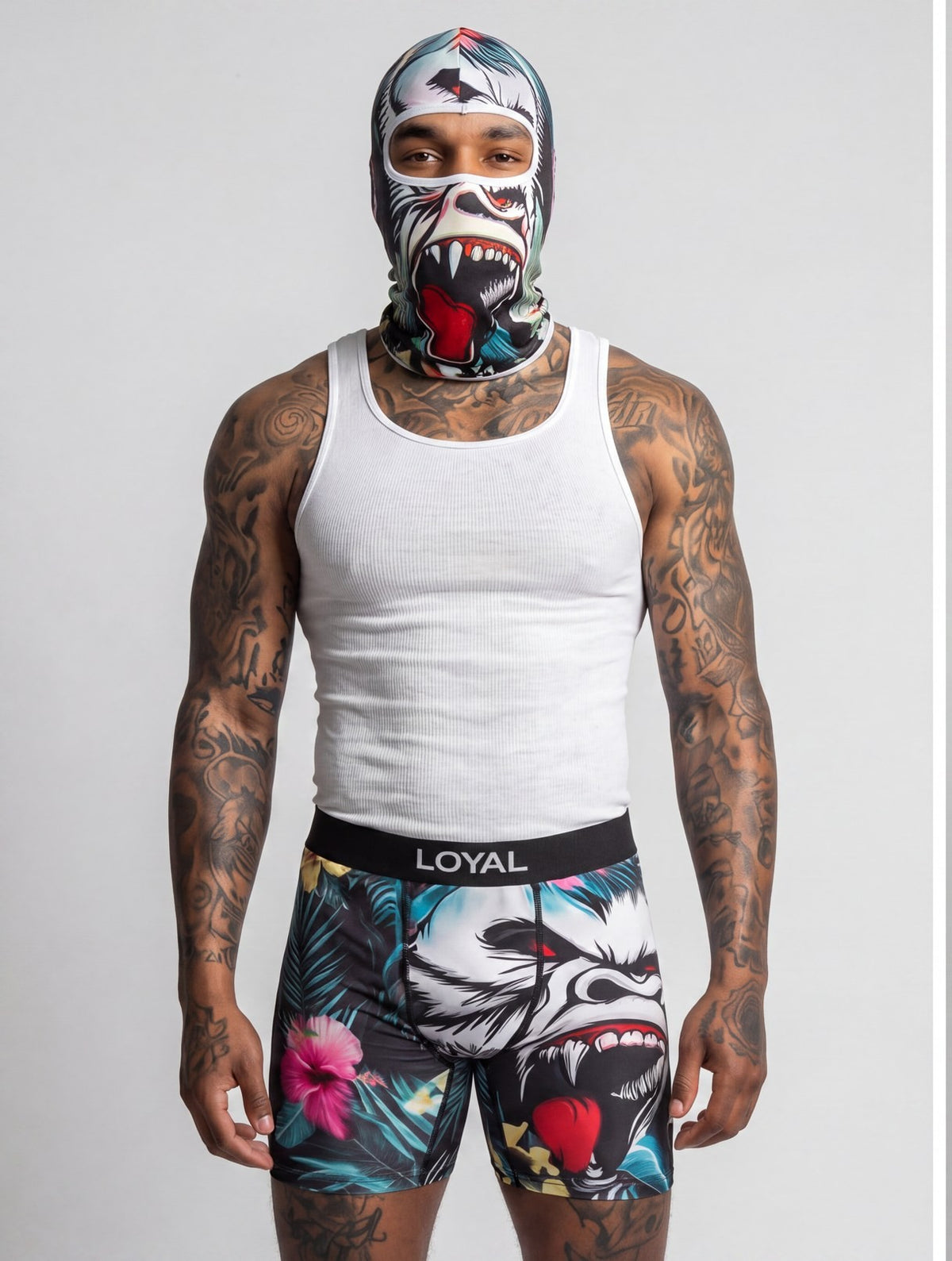 Gorilla Boxer Brief worn with its matching gorilla balaclava, front