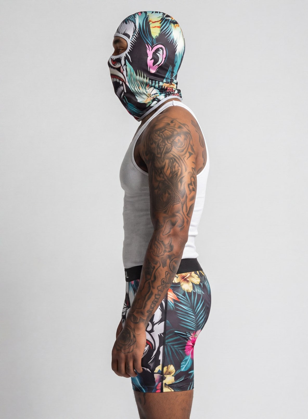 Gorilla Boxer Brief worn with its matching gorilla balaclava, side